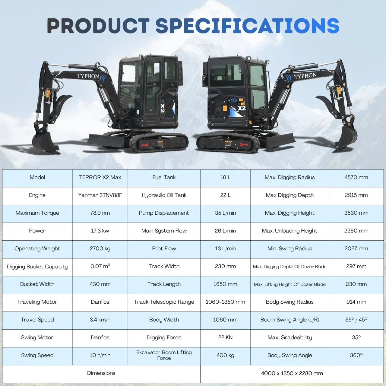 TYPHON TERROR X2 MAX 2.7-Ton Mini Excavator Powerful, Yanmar Engine, Cabin with A/C & Heater, Pilot Control, Boom Swing