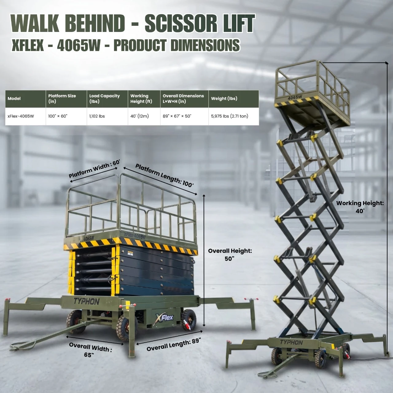 TYPHON xFlex-4065W Walk-Behind Scissor Lift 2.7 Ton with Assisted Walking, Manual outriggers of 40 ft lifting Height & 110V Electric