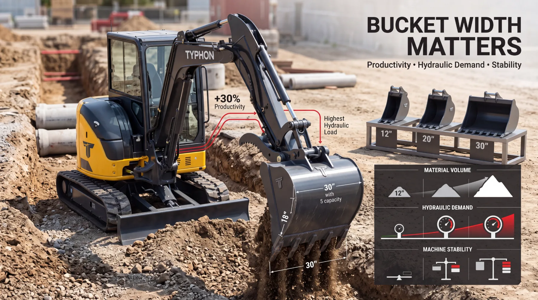 How Bucket Width Changes Excavator Productivity and Hydraulic Demand